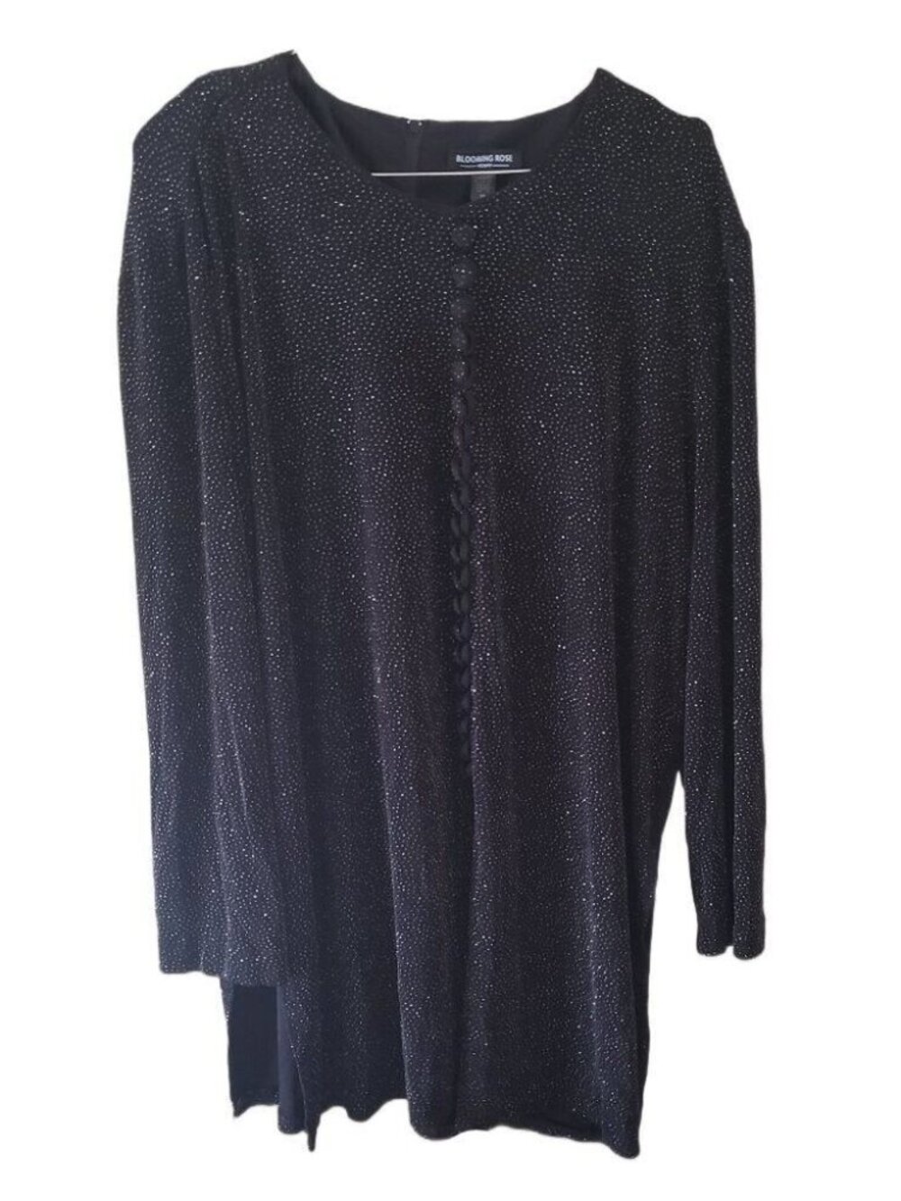 Blooming Rose Black Sparkly Faux Button Down Front Long Sleeve Blouse